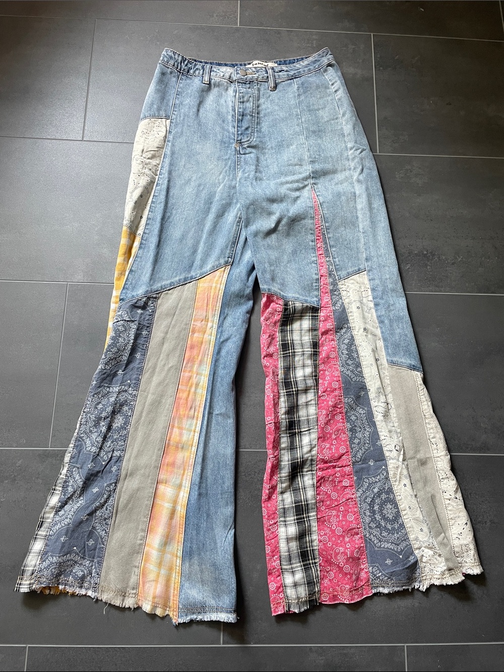 NWT Three Bird Nest Sz L Patchwork Flare Women Jeans - Multi-Color Denim